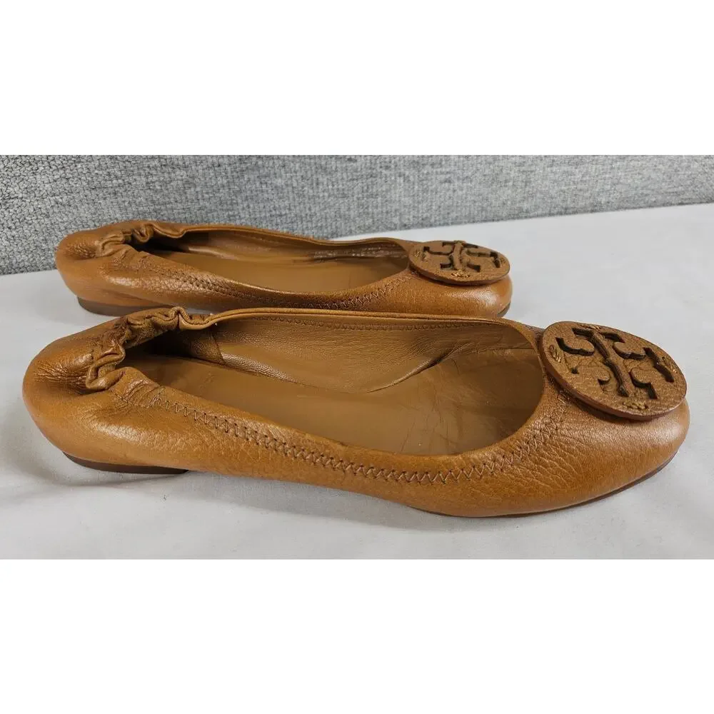 Tory Burch Tan Leather Logo Round Toe Ballet Flats - Picture 3 of 12